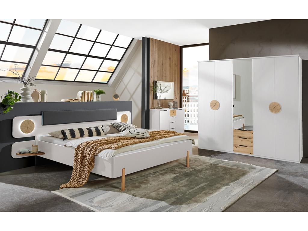 Adult bed with 2 bedside tables, white with wood-effect trim - Length 260 x Height 95 x Depth 210 cm