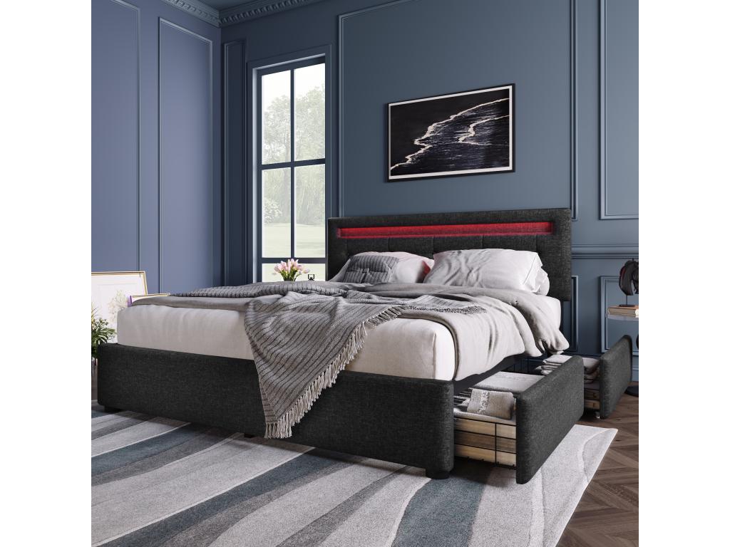 Upholstered double bed 140x200 cm with adjustable headboard / 4 drawers - LEDs - black linen