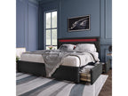 Upholstered double bed 140x200 cm with adjustable headboard / 4 drawers - LEDs - black linen