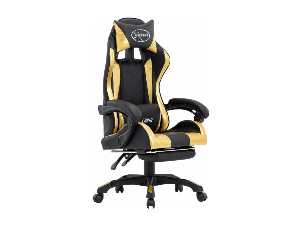 Gaming chair with footrest, gold and black faux leather