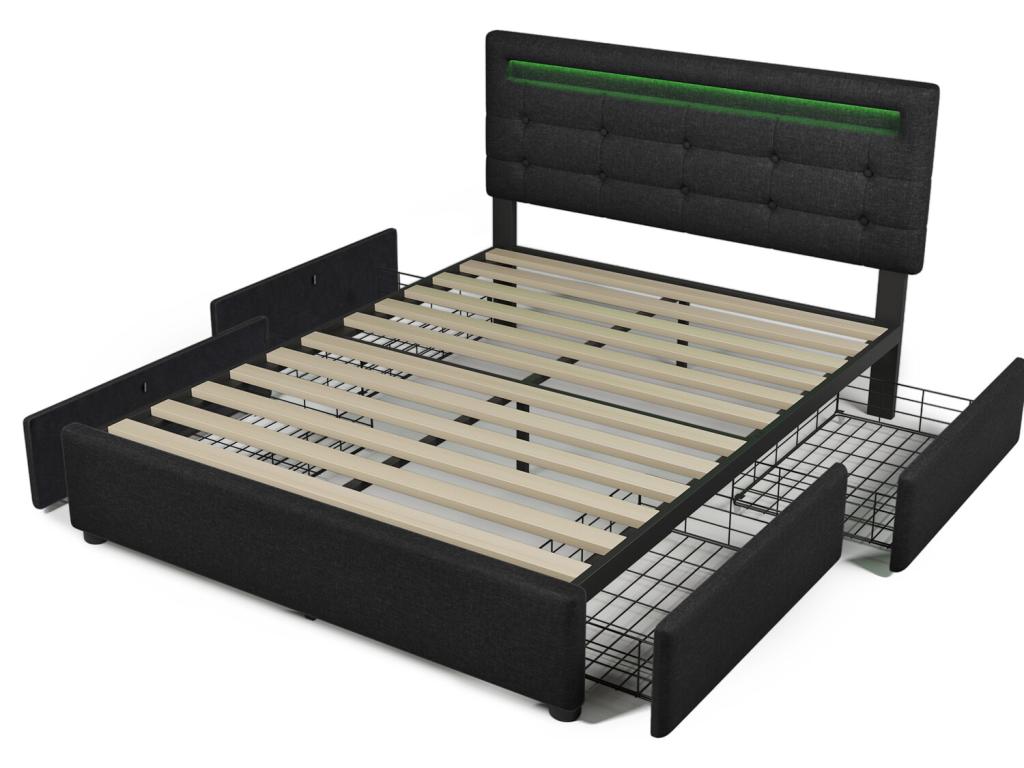 Bed with drawers - 140x200cm with LED lighting and 4 drawers, Black, without mattress - Meublita