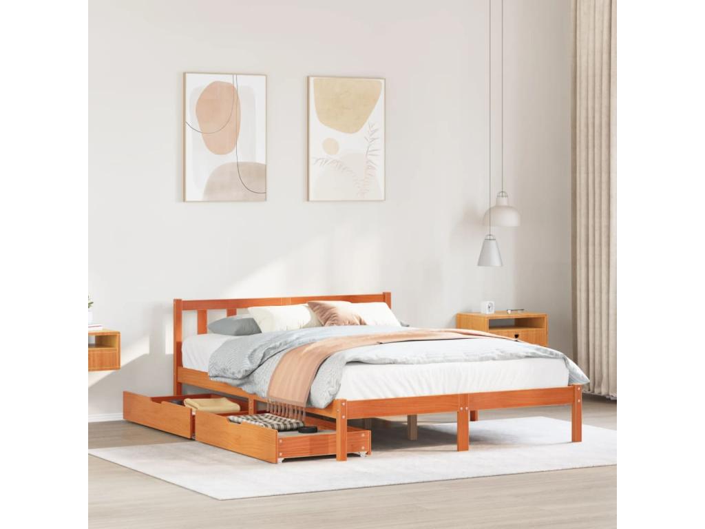 Bed frame without mattress brown wax 140x190cm solid pine wood