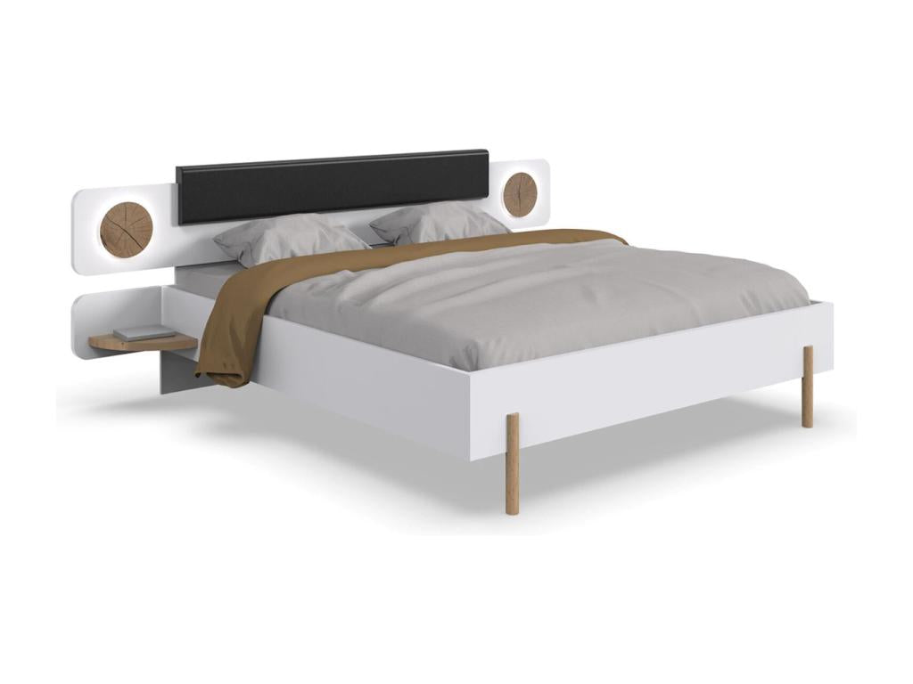 Adult bed with 2 bedside tables, white with wood-effect trim - Length 260 x Height 95 x Depth 210 cm