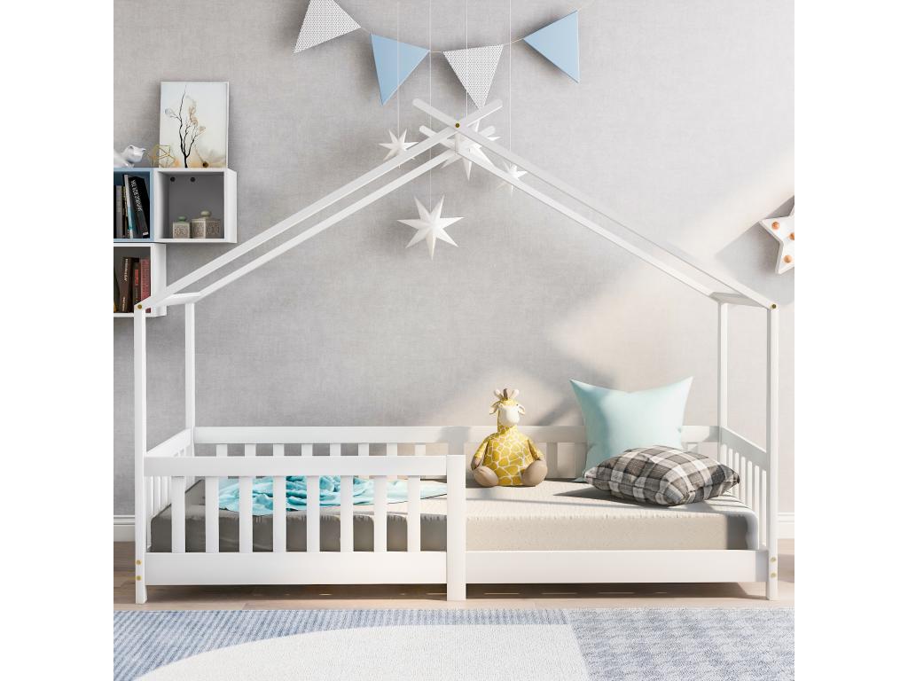 Children's bed 90x200 cm in solid wood with guardrail and slatted base from Meublita with fall protection, white