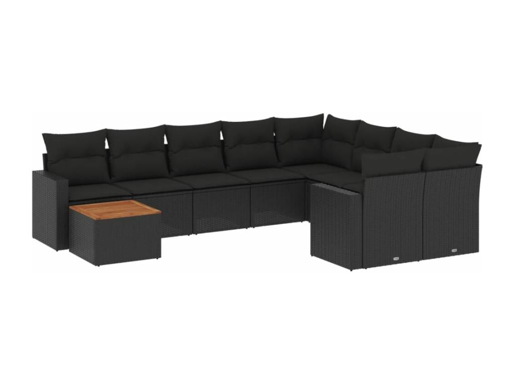 10-piece garden furniture set with cushions, black woven resin