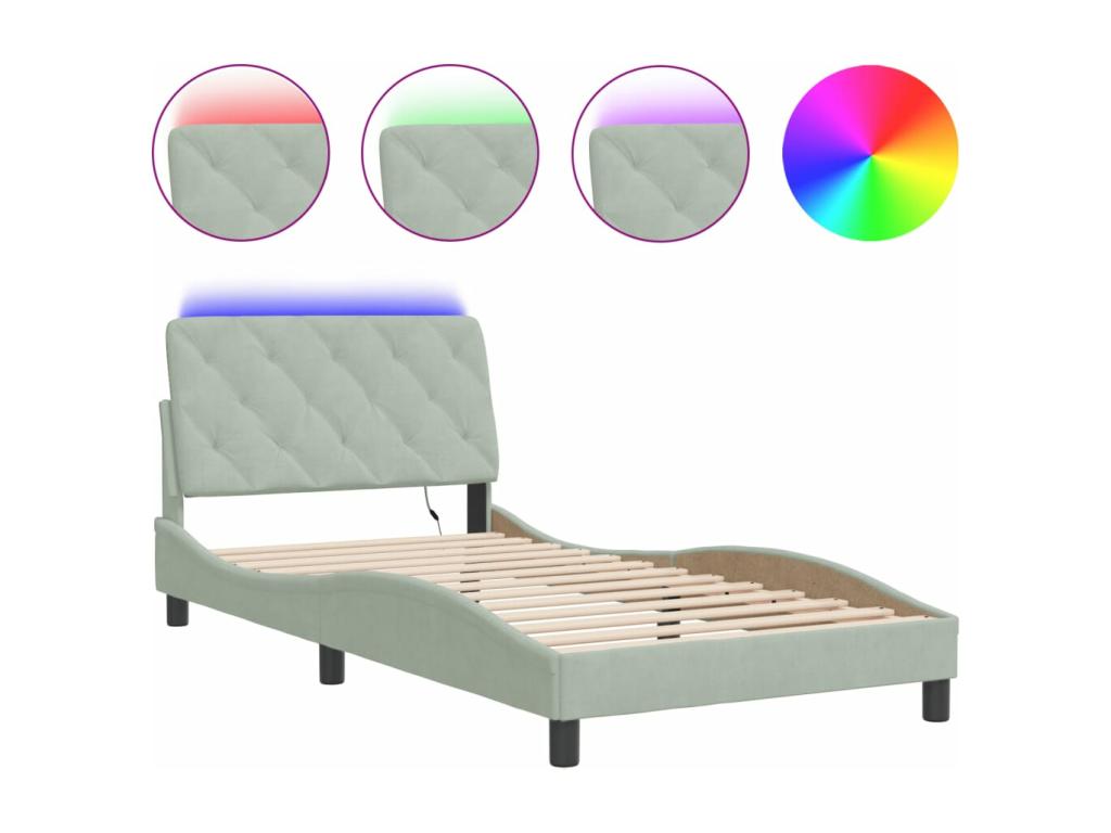 Bed frame with Vertcherères LED light grey 100x200 velvet