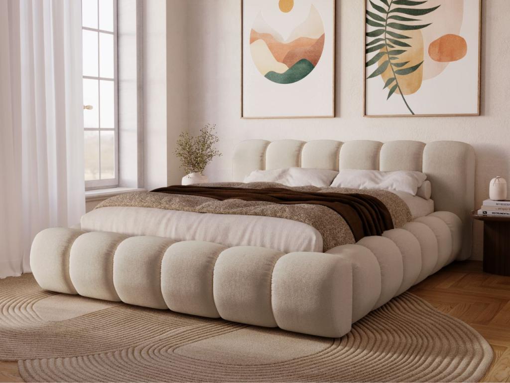 Upholstered bed with storage - 140x200 - double bed - velvet - beige - Meublita