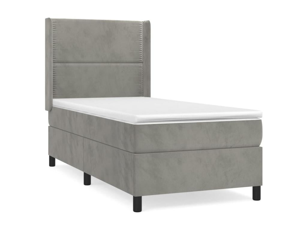 Upholstered bed base and mattress, light grey, 100x200cm, velvet