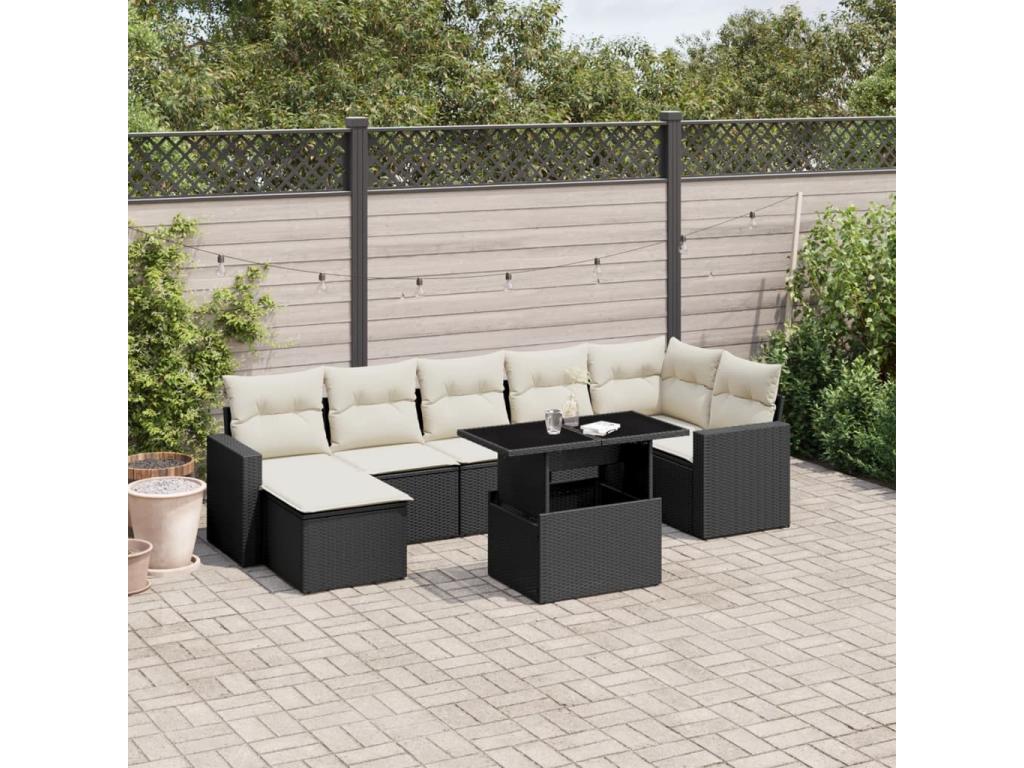 8-piece garden furniture set with cushions, black woven resin