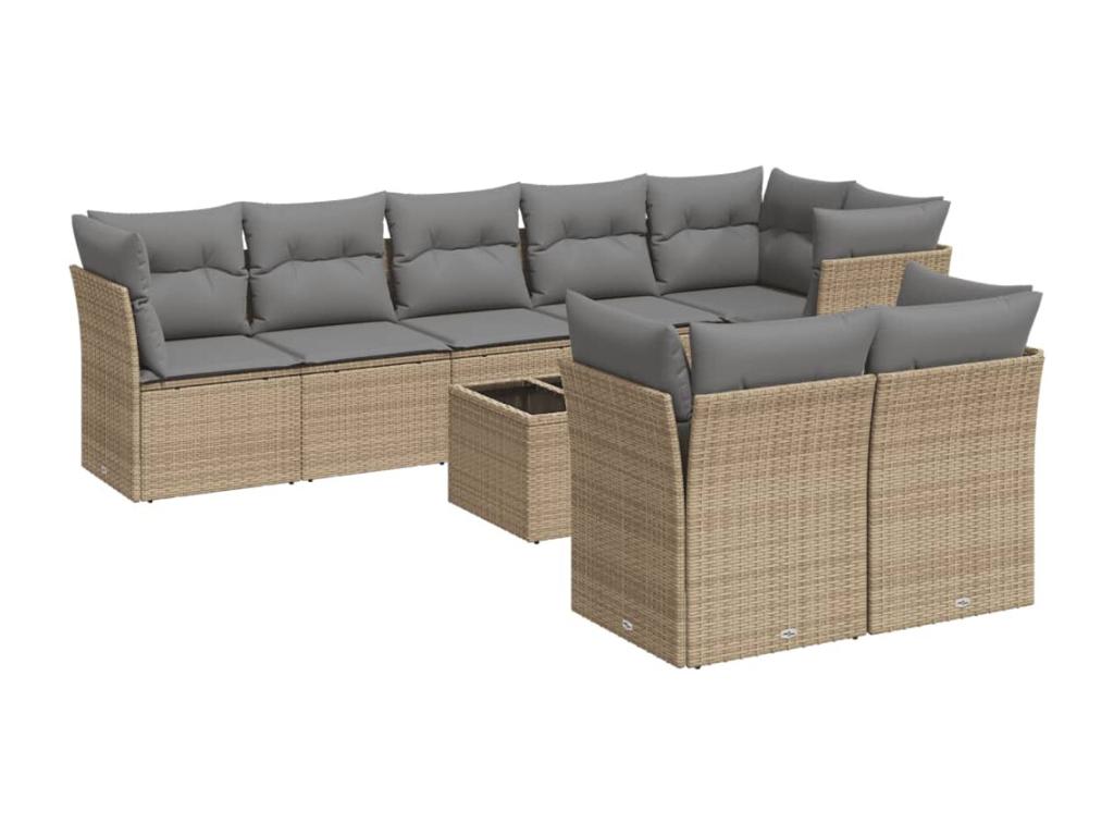 9-piece garden furniture set with cushions, beige woven resin