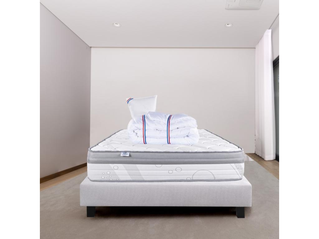 Meublita 26cm high-density foam mattress set, firm summer/winter side, grey slatted base 20cm thick, pillow, 140x200cm duvet