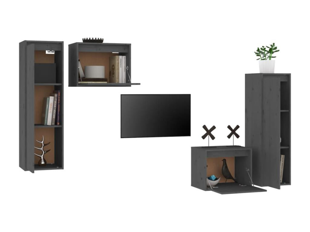 4-piece TV stand, Grey, Solid Pine Wood