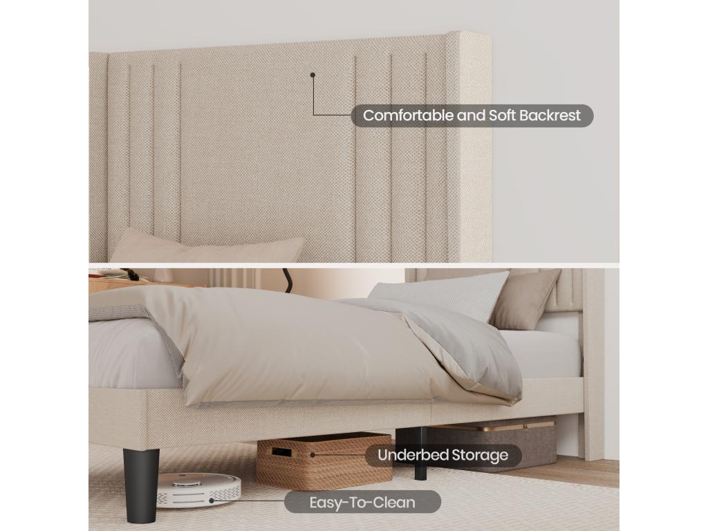 Upholstered Single Bed 90x200 cm with Headboard for Storage, Meublita Slatted Base, Linen Fabric, Children's/Teenager's Bed, Yellowish