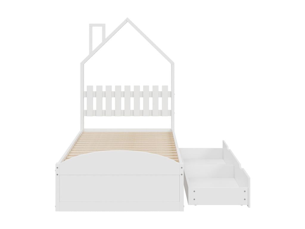Cabin bed, children's bed, 90x200 cm bed with house-shaped headboard and built-in storage compartments, white