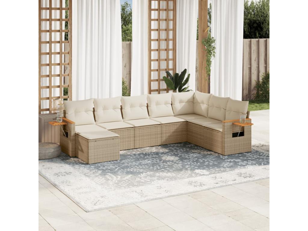 8-piece garden furniture set with cushions, beige woven resin
