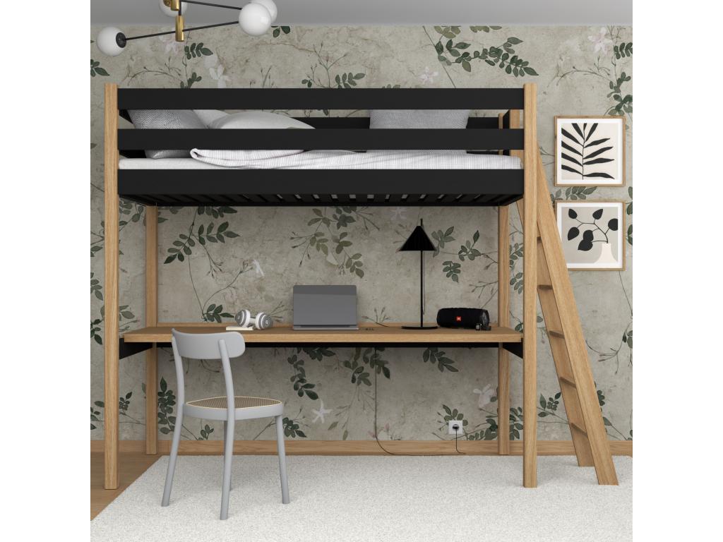 Wooden loft bed - with desk N02 Black / Natural Oak 100x200