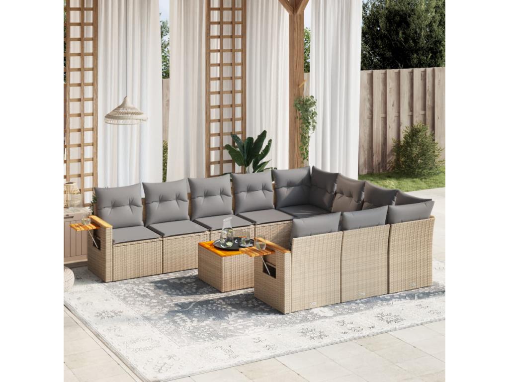 11-piece garden furniture set with beige resin wicker cushions