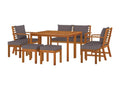 9-piece garden dining set with cushions, made of wood.