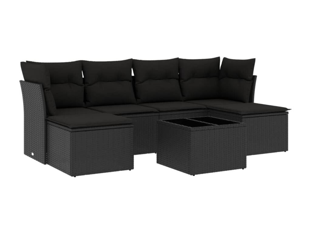7-piece garden furniture set with cushions, black woven resin