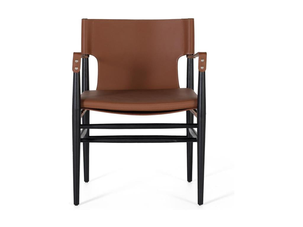 Armchair upholstered in synthetic leather and brown ash wood