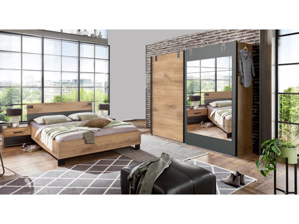 Complete adult bedroom set with a 140x200 cm bed, 2 bedside tables, and a wardrobe in dark oak finish.