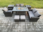 7-Seater Rattan Garden Furniture Set, Gas Fire Pit Table, 2 Side Tables