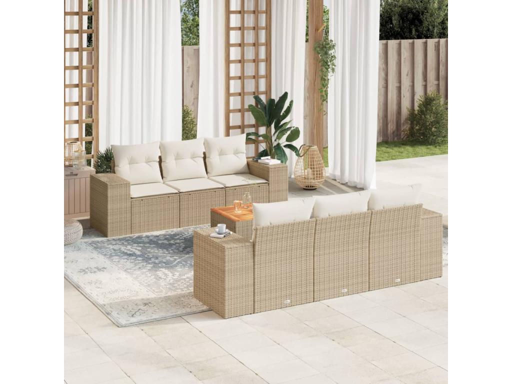 7-piece garden furniture set with cushions, beige woven resin