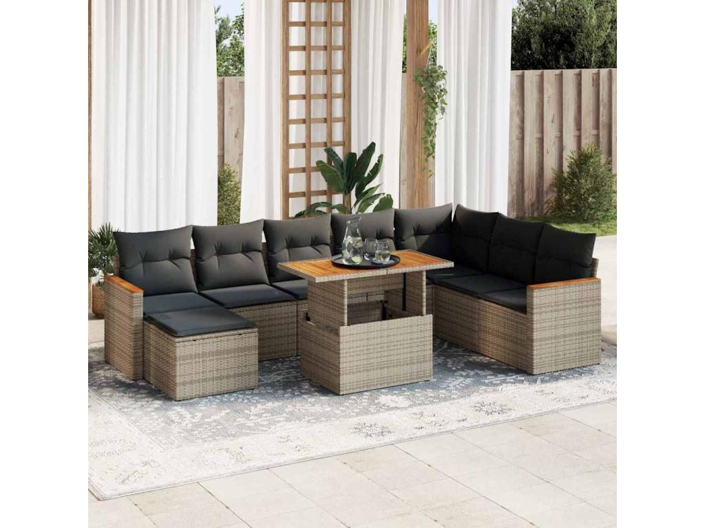 Meublita 9-piece garden furniture set with cushions, grey woven resin