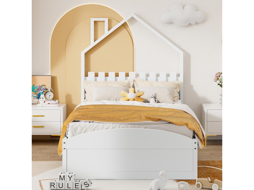 Cabin bed, children's bed, 90x200 cm bed with house-shaped headboard and built-in storage compartments, white