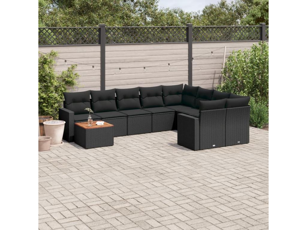 10-piece garden furniture set with cushions, black woven resin