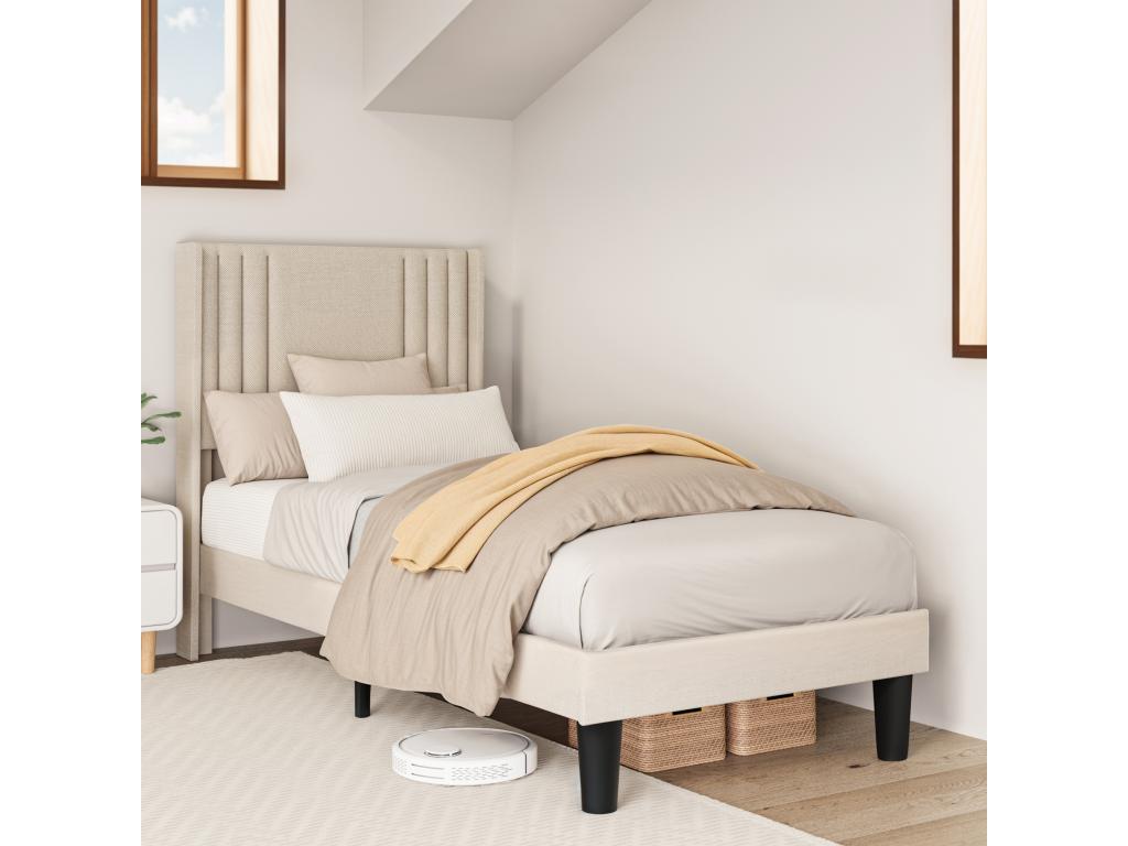 Upholstered Single Bed 90x200 cm with Headboard for Storage, Meublita Slatted Base, Linen Fabric, Children's/Teenager's Bed, Yellowish