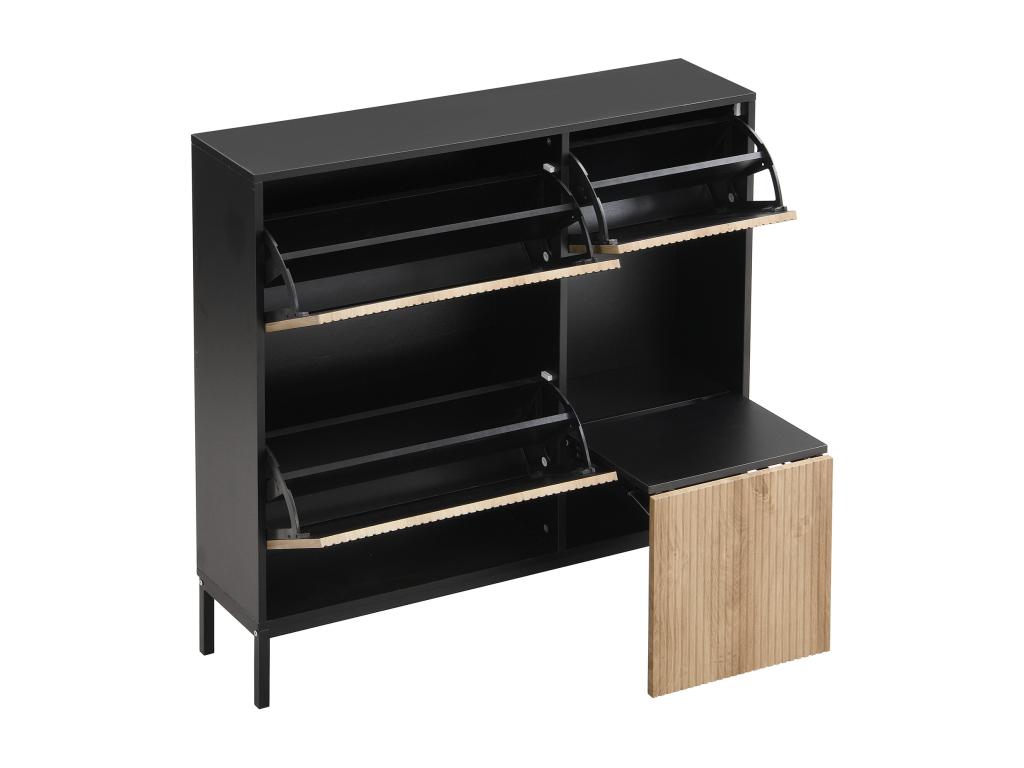 Shoe cabinet with folding bench - 3 drop-down doors - Black / Natural