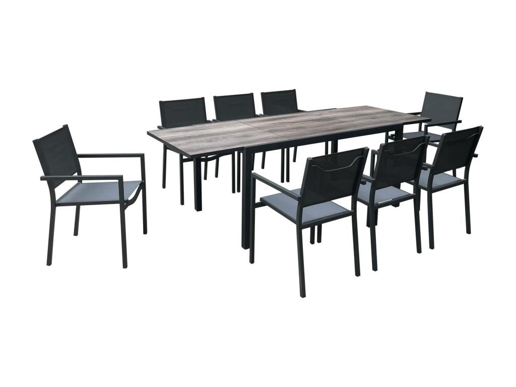 Aluminum garden table 160/240cm with 8 stackable aluminum and textilene chairs
