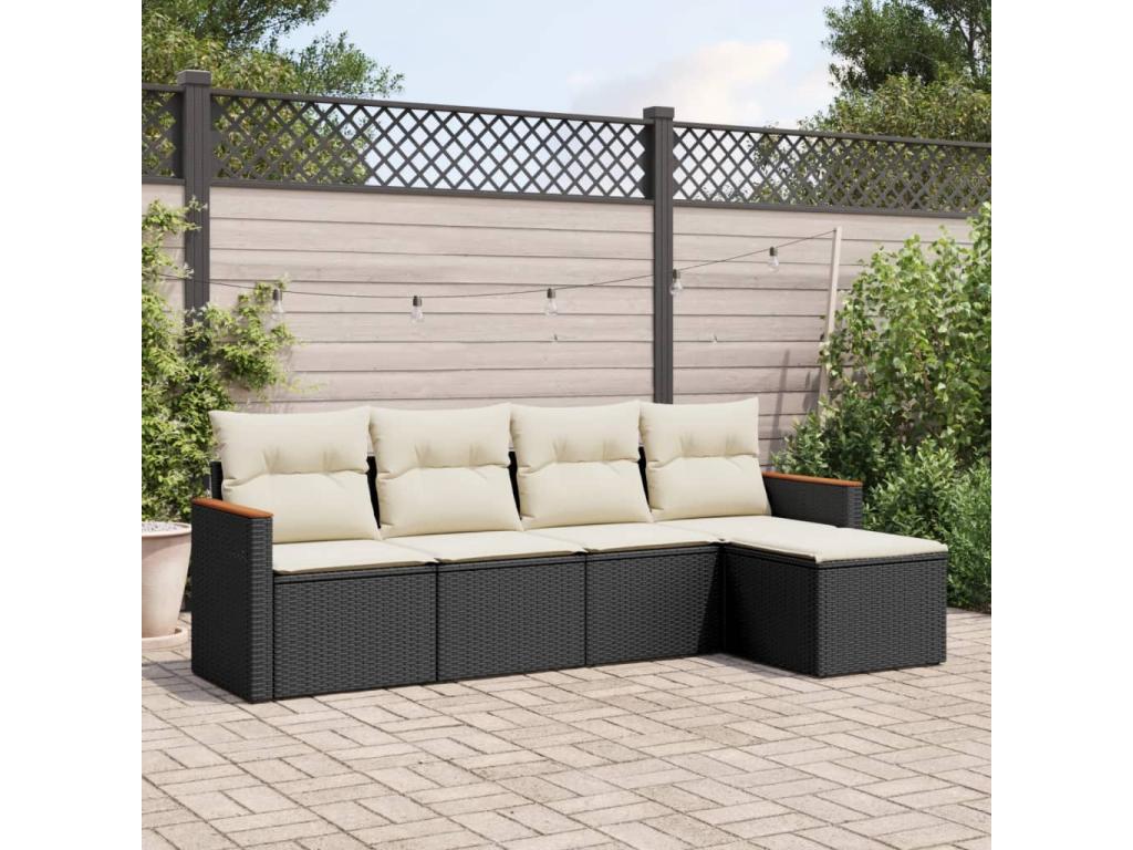 5-piece garden furniture set with cushions, black woven resin