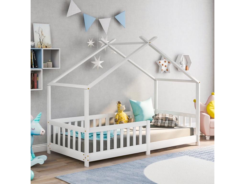 Children's bed 90x200 cm in solid wood with guardrail and slatted base from Meublita with fall protection, white