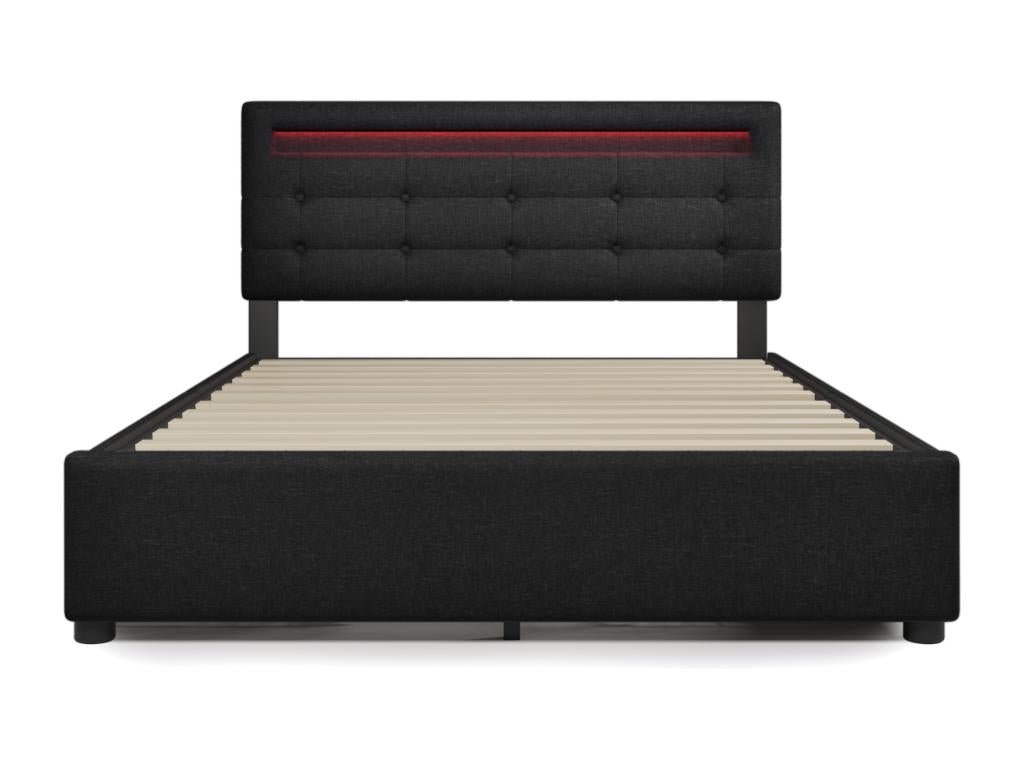 Upholstered double bed 140x200 cm with adjustable headboard / 4 drawers - LEDs - black linen