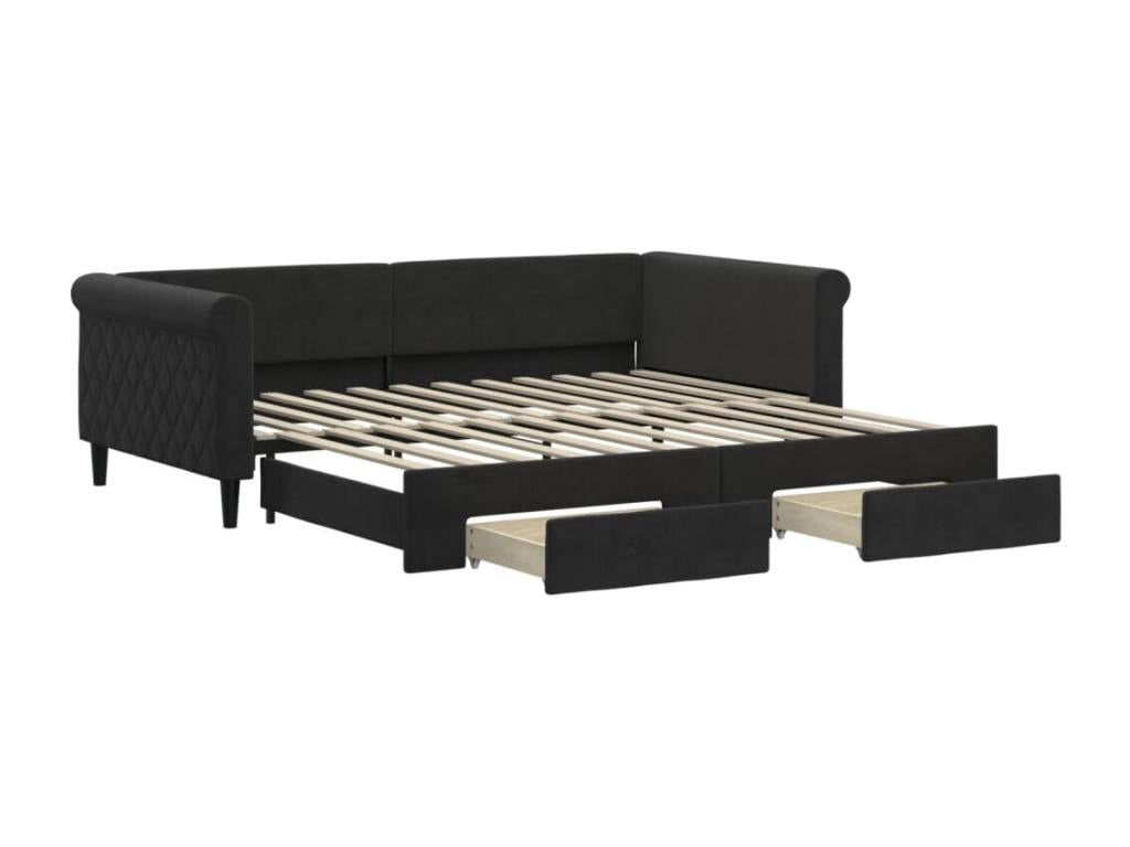Daybed with trundle and drawers, black, 100x200 cm, velvet