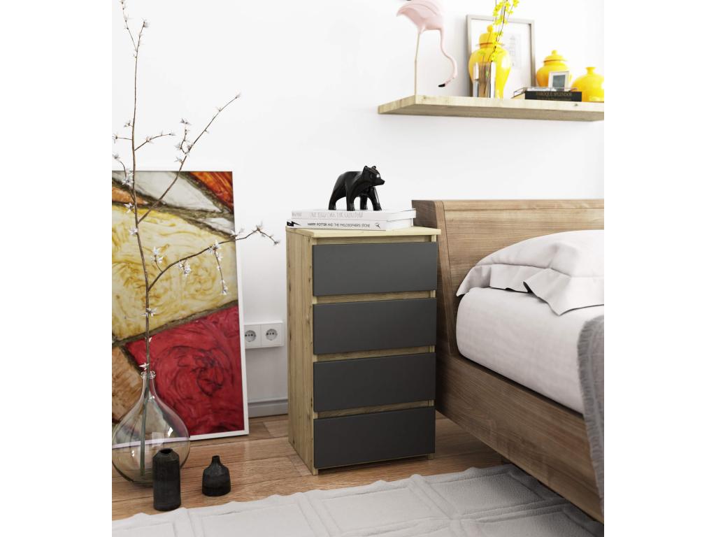 Meublita CL4 Chest of Drawers, Oak Finish, 40 cm, 4 Drawers, Graphite Grey Front, 40x35x74 cm