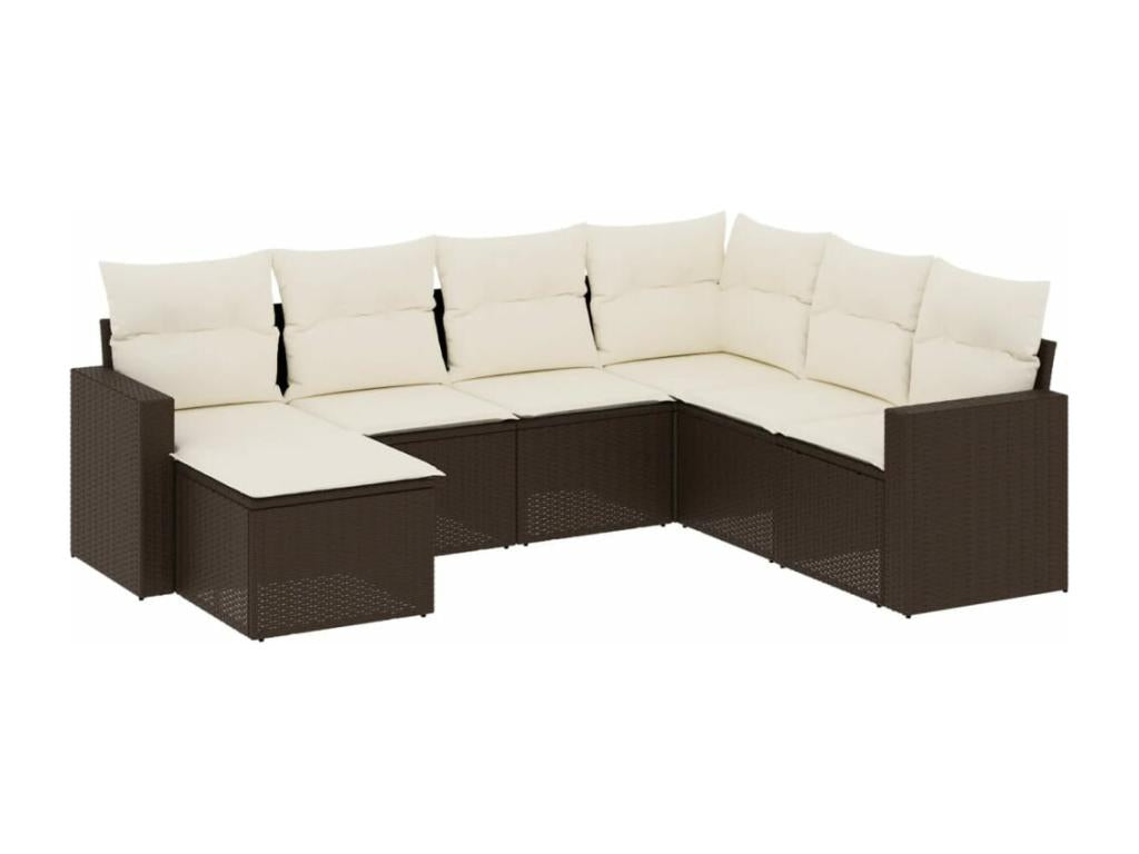 Garden furniture set with cushions, 7 pieces, brown woven resin