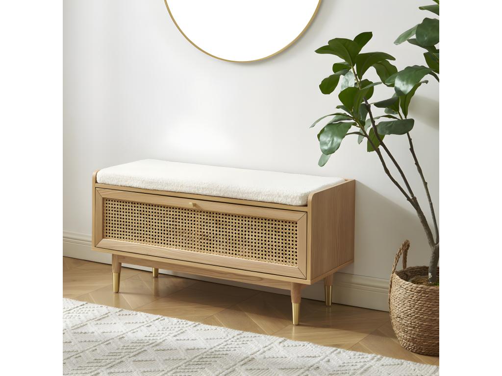 Meublita - Entryway bench with shoe storage in wood and caning, 100cm long - Light wood