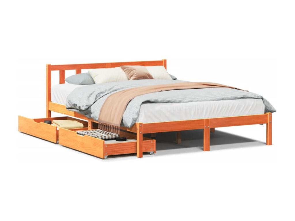 Bed frame without mattress brown wax 140x190cm solid pine wood