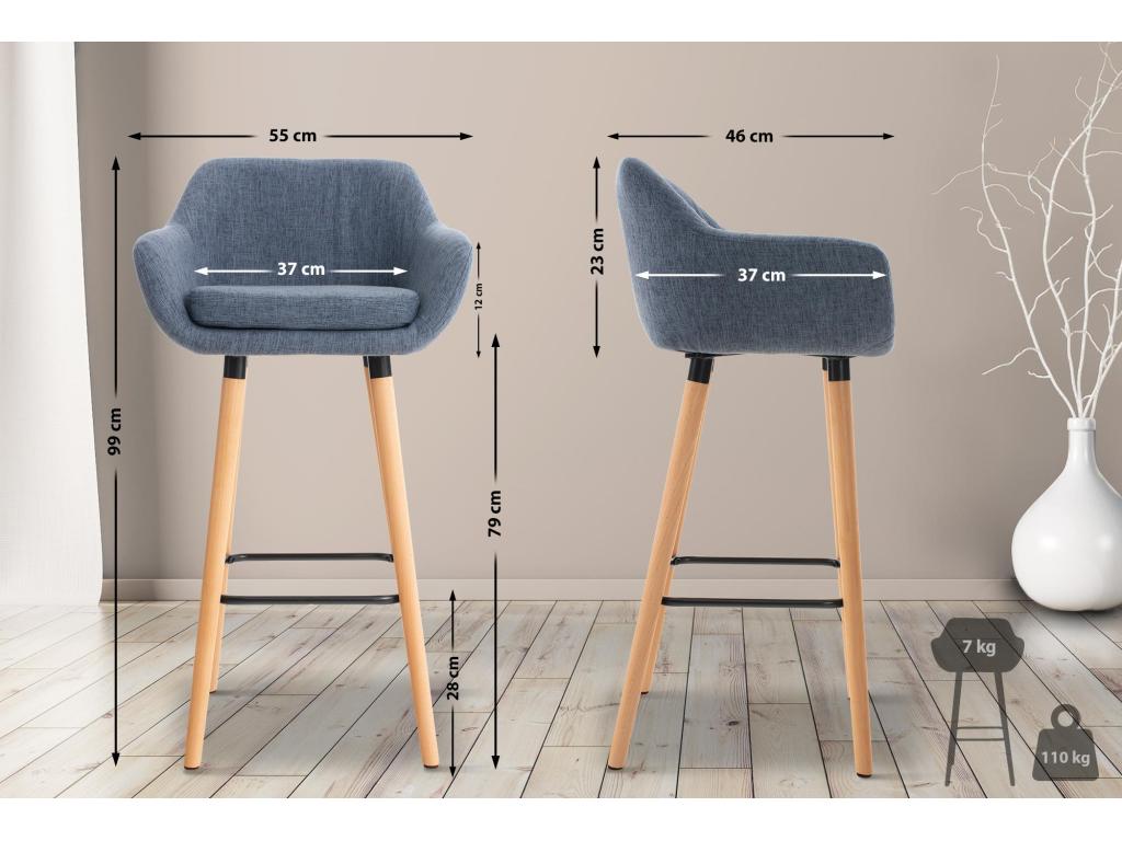 Set of 2 Bar Stools - Fabric/Wood - Blue - Meublita