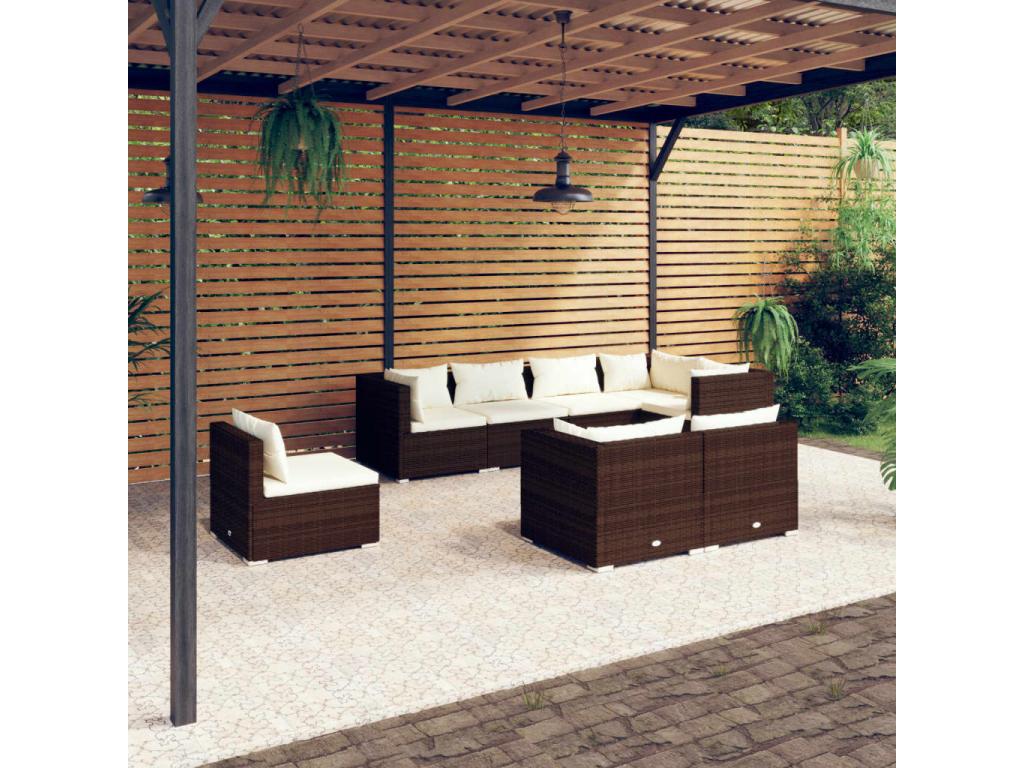 8-piece garden furniture set with cushions, brown woven resin