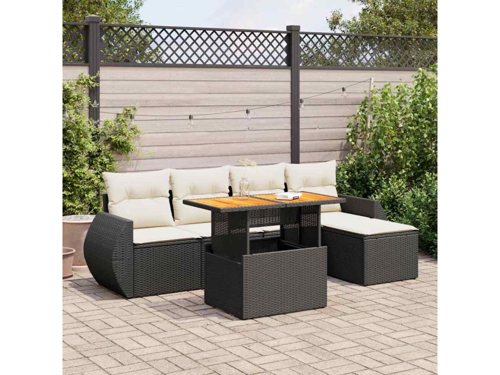 6-piece garden furniture set with cushions, black woven resin
