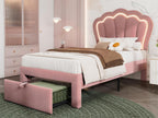 90x200 cm velvet bed with drawers and app-controlled LED lighting - Pink