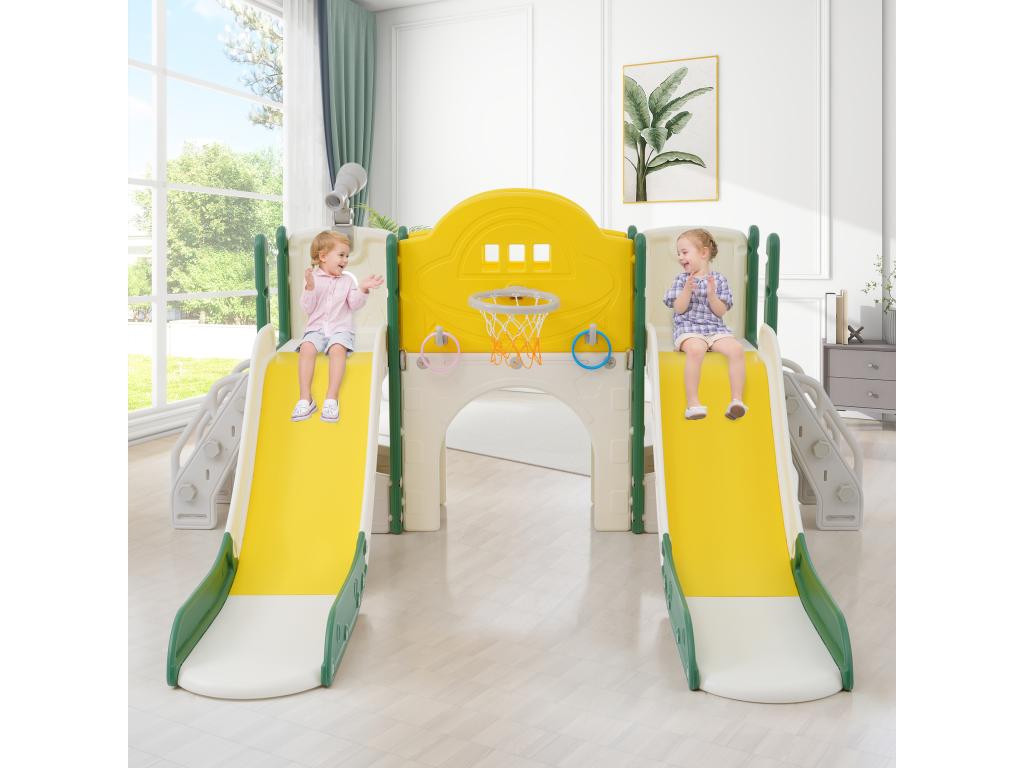 8-in-1 children's play area with slide, climbing wall, and green drilling hole game