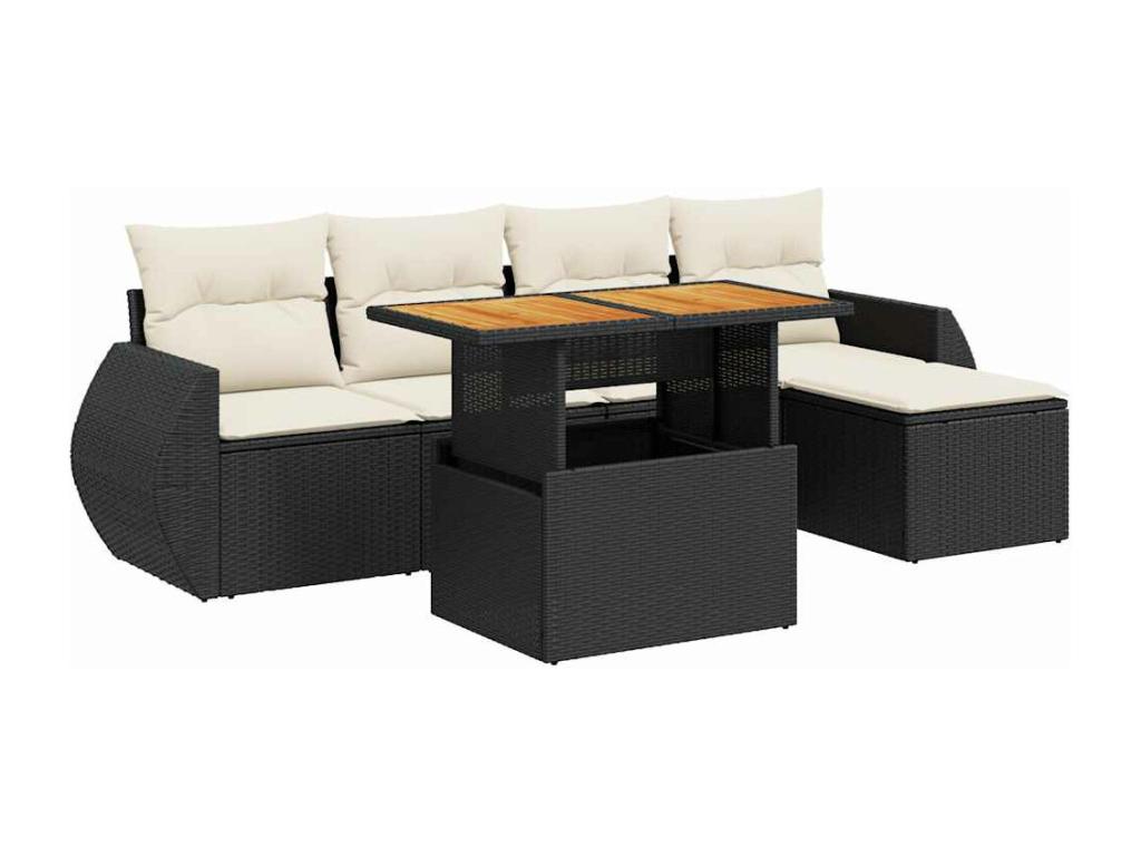 6-piece garden furniture set with cushions, black woven resin