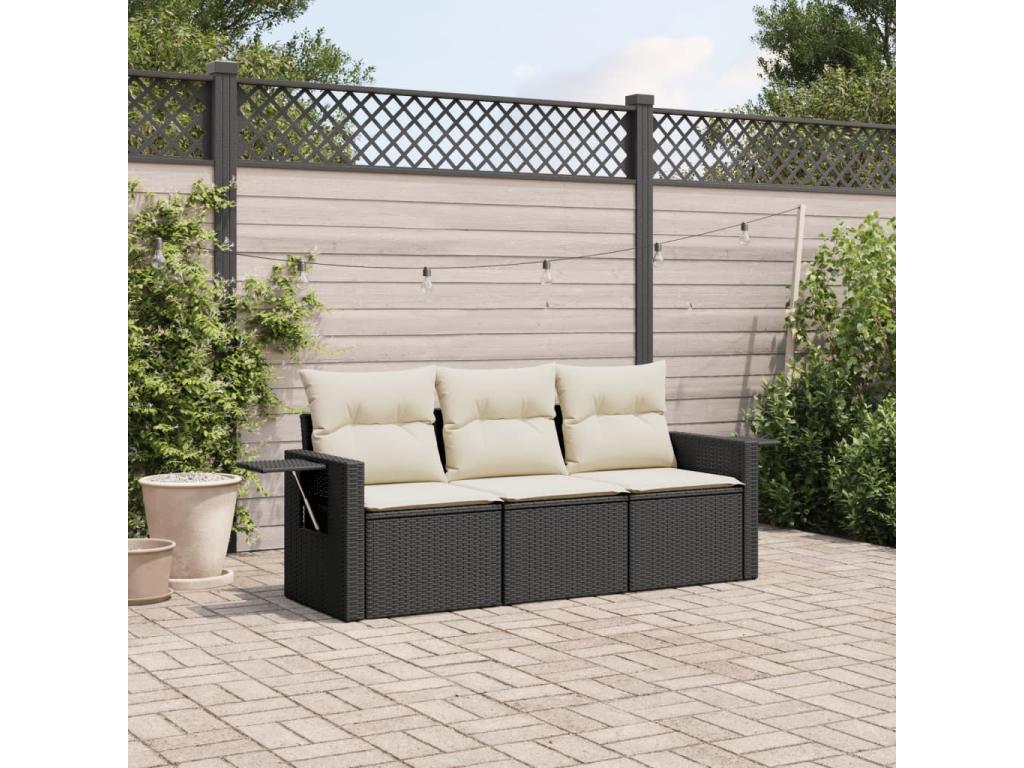 3-piece garden furniture set with cushions, black woven resin