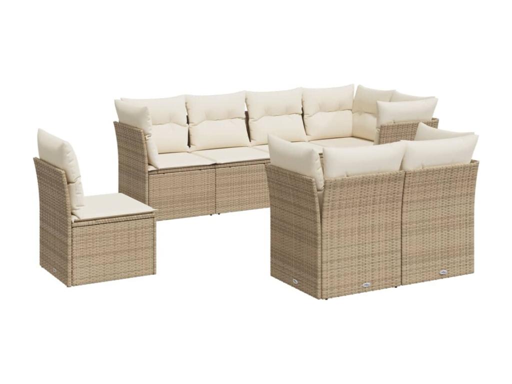 8-piece garden furniture set with cushions, beige woven resin